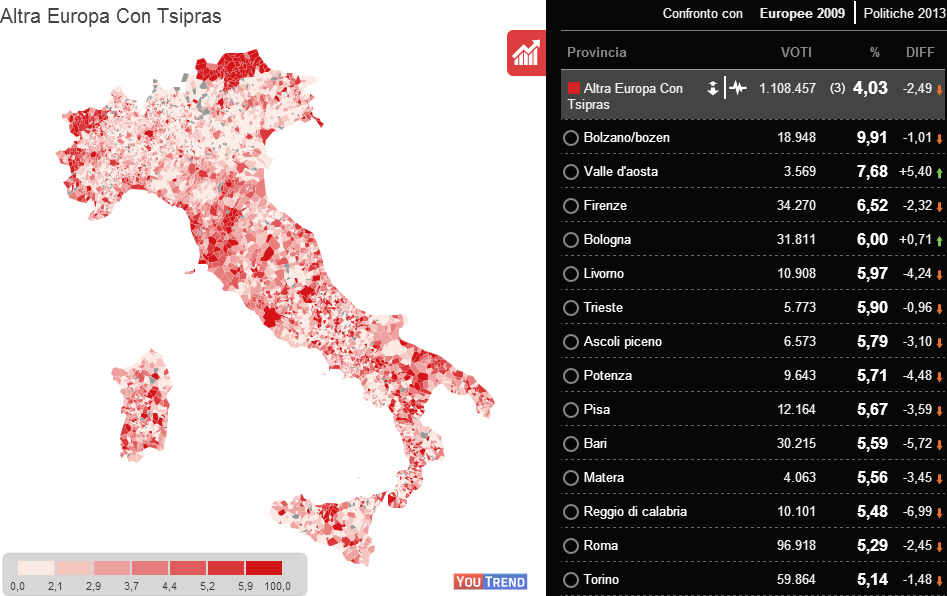 mappa della distribuzione del voto alla Tsipras in Italia
